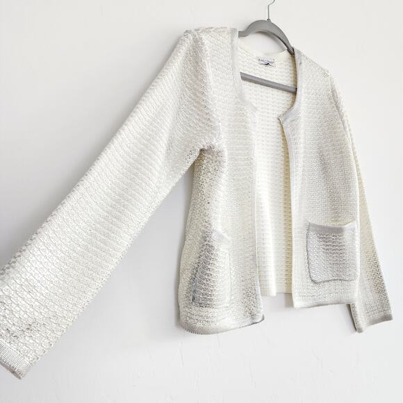 Koko + Mason Metallic Silver & White Knit Open Cardigan with Pockets Size Large - Picture 2 of 7